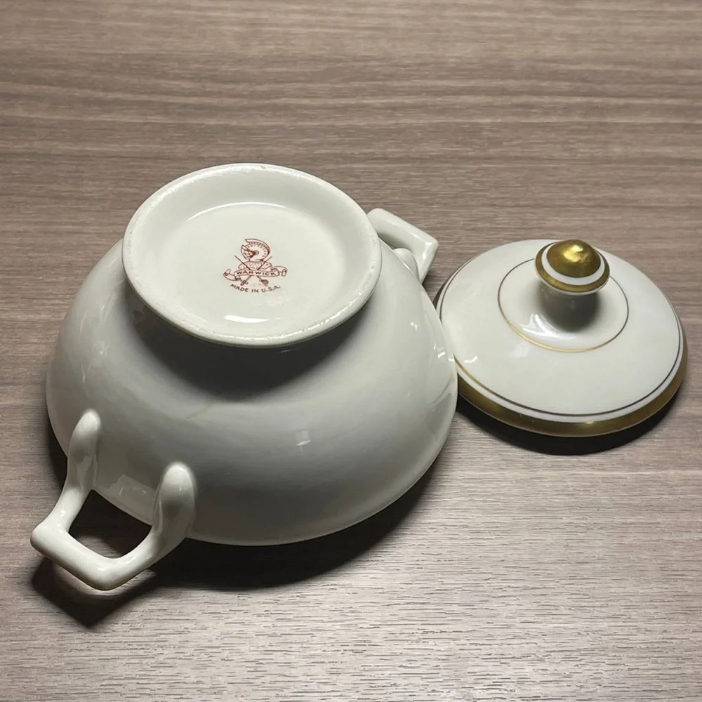 Vintage Warwick China‎ Sugar Bowl with Lid White Gold Rim Handle Made in the USA
